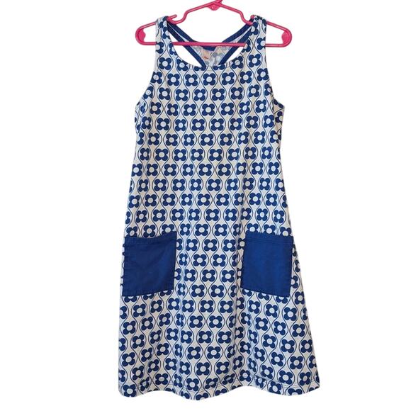 Hanna Andersson Blue & White Geometric Floral Print Racer Back Dress Size 130/8 - Picture 1 of 11